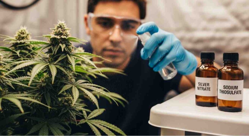 Grower spraying female cannabis plant with STS solution during early flowering — how to feminize seeds using STS safely and effectively.