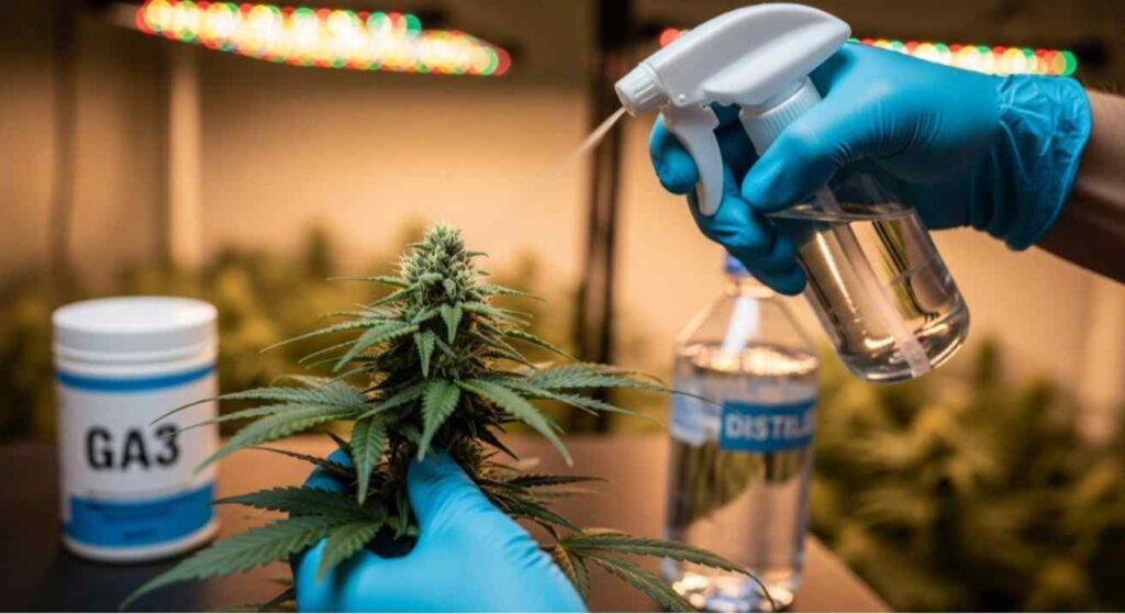 Grower spraying cannabis plant with gibberellic acid solution to create male flowers — how to feminize seeds naturally using GA₃.
