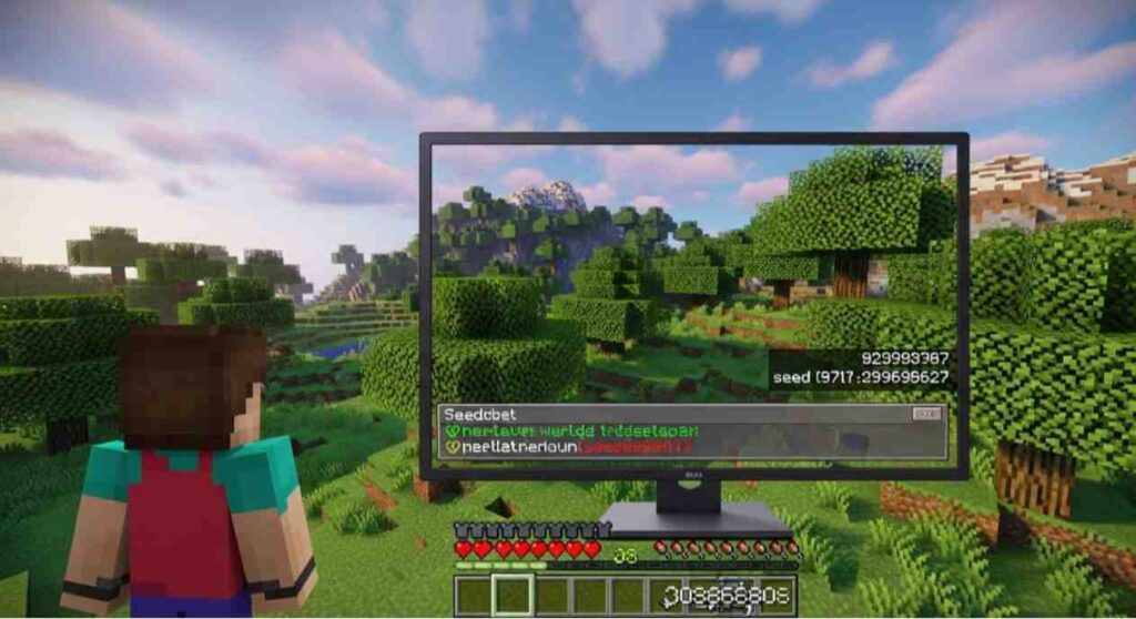 Minecraft Java Edition player viewing their world seed in the chat window while exploring terrain — demonstrating How to Find World Seed Minecraft.