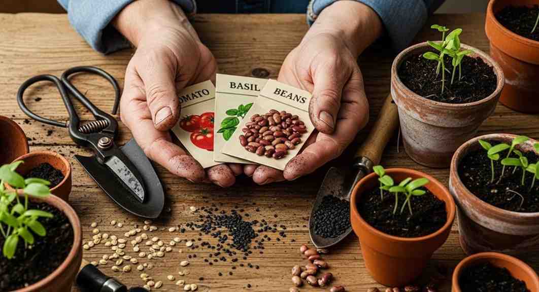 Gardener holding seed packets and spilling seeds on a wooden table with tools and plants — showing natural ways on how to get free seeds.