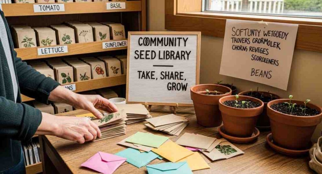 Community seed library with labeled seed packets and a gardener selecting seeds — showing how to get free seeds from local libraries.