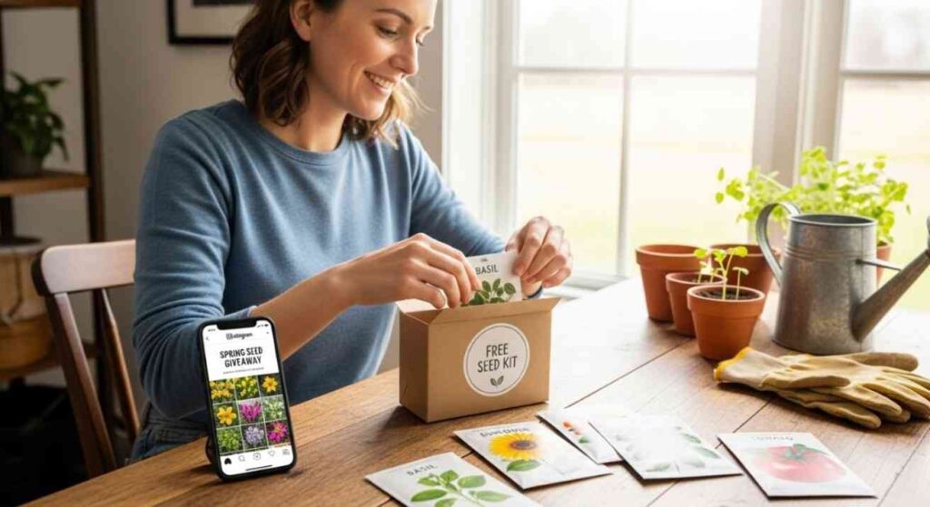 Gardener unboxing free seed packets from an online giveaway, showing how to get free seeds through social media and brand offers.