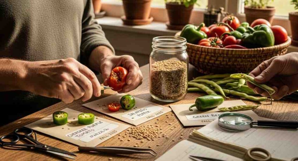 Gardener collecting and labelling seeds from fresh tomatoes and beans, showing how to save and reuse seeds for a self-sufficient garden.