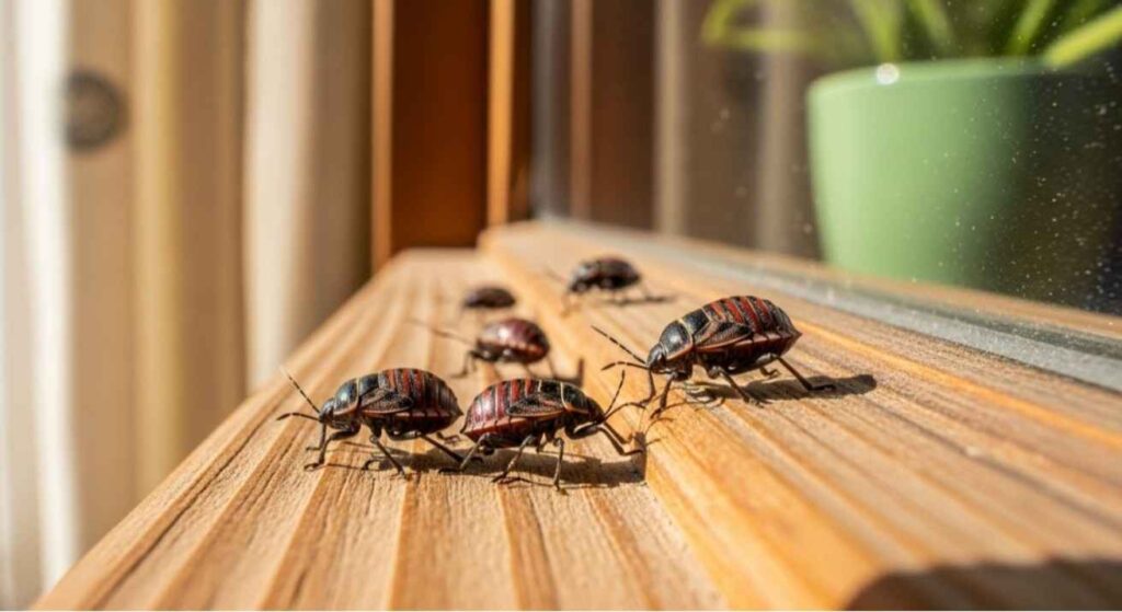 Realistic view of seed bugs near a window and indoor plants, showing how they invade homes — How to Get Rid of Seed Bugs: 7 Simple & Effective Fixes.