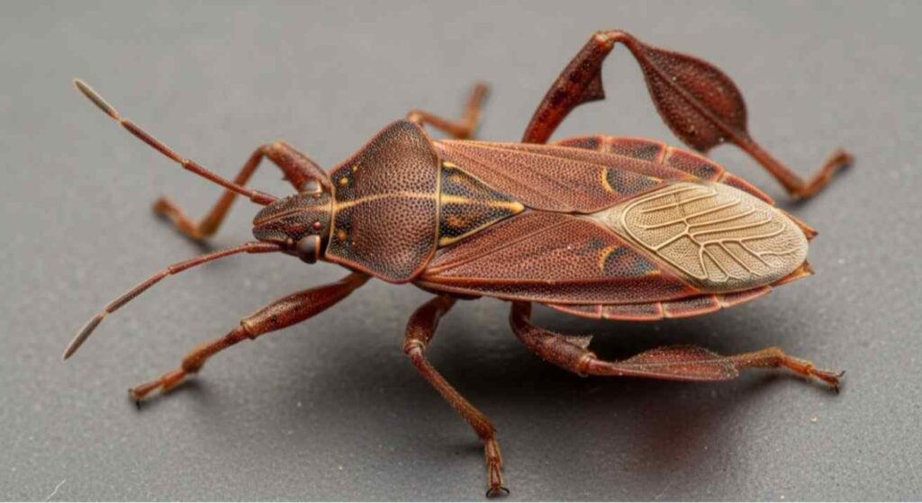 Close-up of a brown-red seed bug with leaf-like hind legs and X-shaped back pattern — How to Get Rid of Seed Bugs: 7 Simple & Effective Fixes.