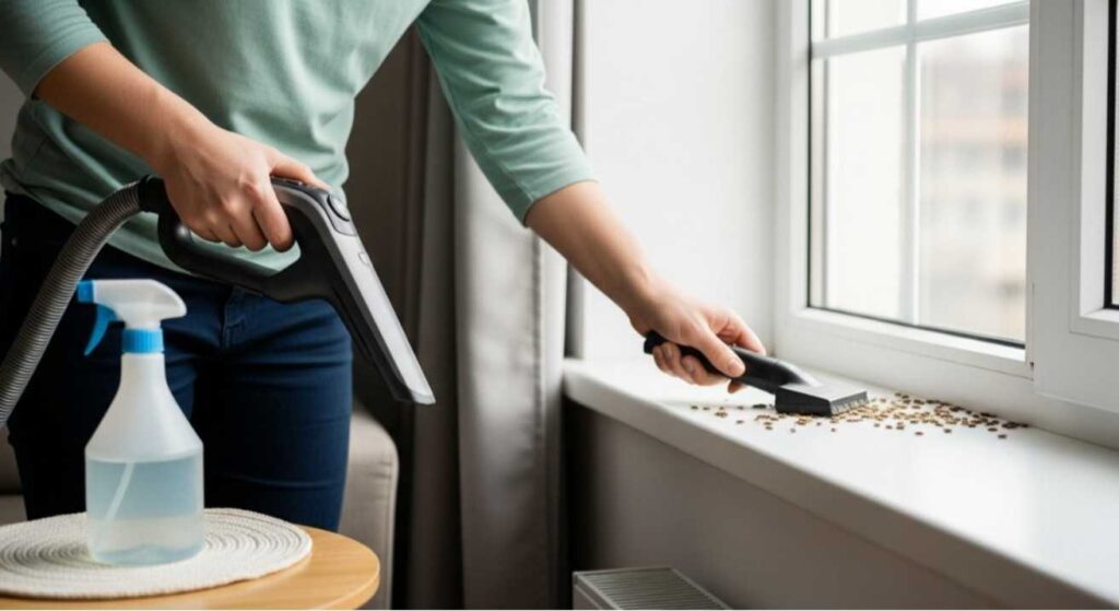 Person vacuuming window area and spraying natural solution to remove seed bugs — How to Get Rid of Seed Bugs: 7 Simple & Effective Fixes.