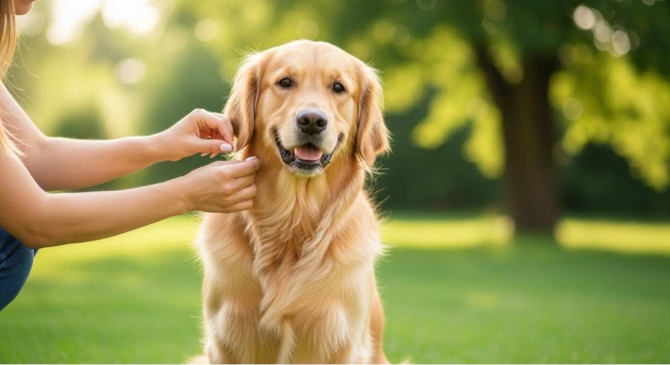 A woman gently checking her golden retriever’s fur for seed ticks outdoors, showing how to get rid of seed ticks on dogs safely.