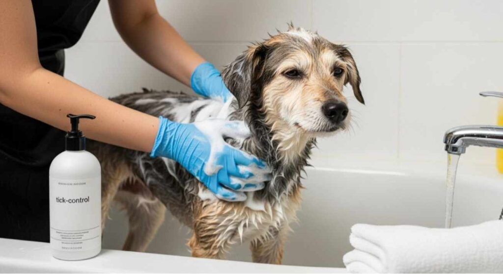 A realistic photo of a person giving a dog a medicated tick-control bath using vet-approved shampoo, showing How to Get Rid of Seed Ticks on Dogs safely and effectively.