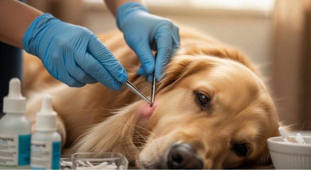 Realistic close-up of a person using fine-tipped tweezers to gently remove a seed tick from a dog’s skin, illustrating How to Get Rid of Seed Ticks on Dogs safely.