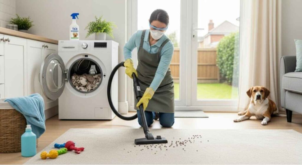 A realistic image showing a clean home and dog bedding being washed and sprayed with tick repellent, illustrating How to Get Rid of Seed Ticks on Dogs by cleaning their environment.