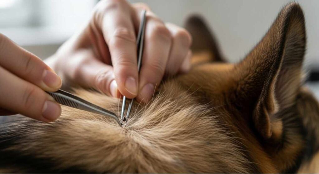 A realistic image of a dog owner applying tick preventative treatment in a clean backyard, showing How to Get Rid of Seed Ticks on Dogs by preventing future infestations.