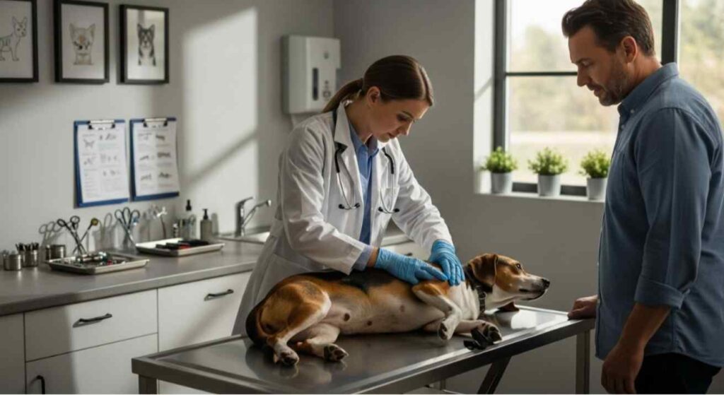 A veterinarian examining a dog with tick irritation in a clean clinic, showing How to Get Rid of Seed Ticks on Dogs through professional medical care.