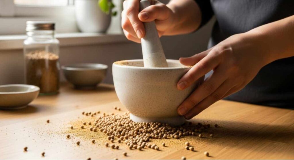 A person using a mortar and pestle to show how to grind coriander seeds into fine aromatic powder on a wooden kitchen surface.