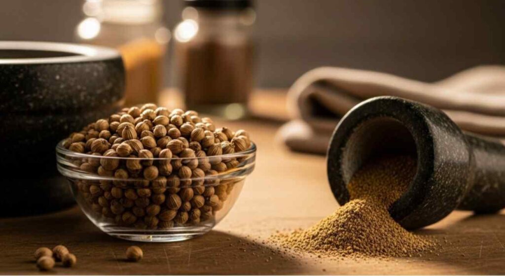 Whole and ground coriander seeds beside a mortar and pestle showing how to grind coriander seeds at home for fresh aroma and pure flavor.