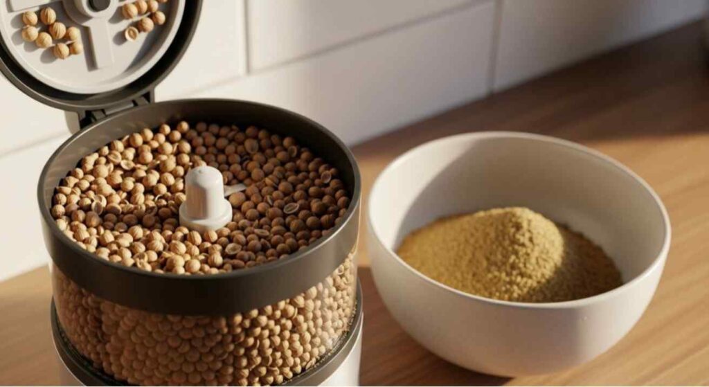 Electric spice grinder showing how to grind coriander seeds into fine powder for fresh aroma and smooth texture in homemade spice blends.