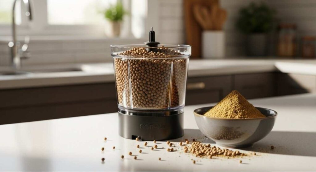Blender on a kitchen counter showing how to grind coriander seeds in small batches to make fresh homemade coriander powder.