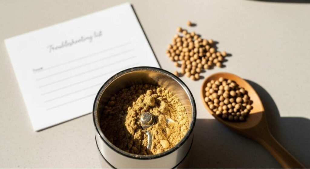 Kitchen scene showing how to grind coriander seeds correctly with examples of uneven powder and clumps for troubleshooting grinding mistakes.