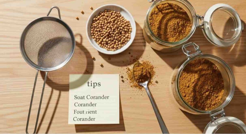 Kitchen setup showing bowls, sieve, and jars for demonstrating how to grind coriander seeds with tips for smooth, aromatic homemade powder.