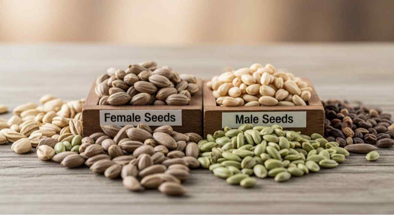 Close-up of natural plant seeds showing differences between female and male seeds on a wooden surface, illustrating how to identify a female seed.