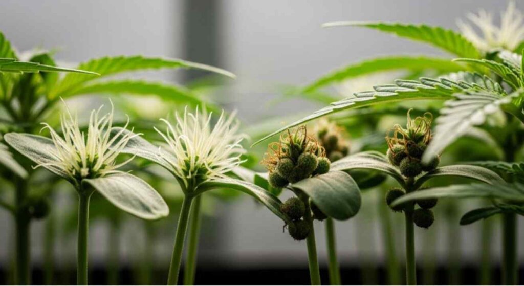 Realistic close-up of young plants showing pre-flowering signs for How to Identify a Female Seed, highlighting white pistils on female plants and pollen sacs on male ones.