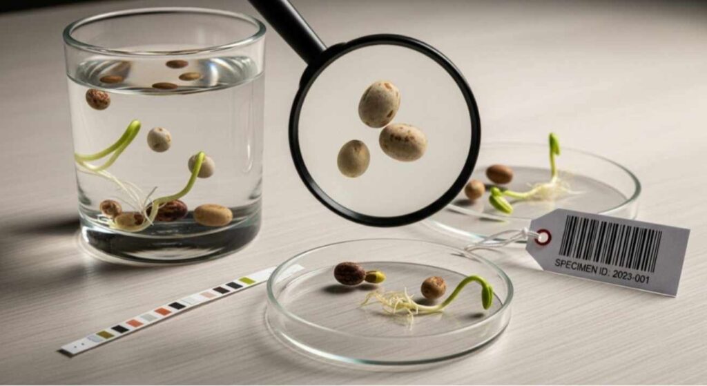 Realistic setup showing different methods used in How to Identify a Female Seed, including floating, visual, germination, and DNA testing on a wooden surface.