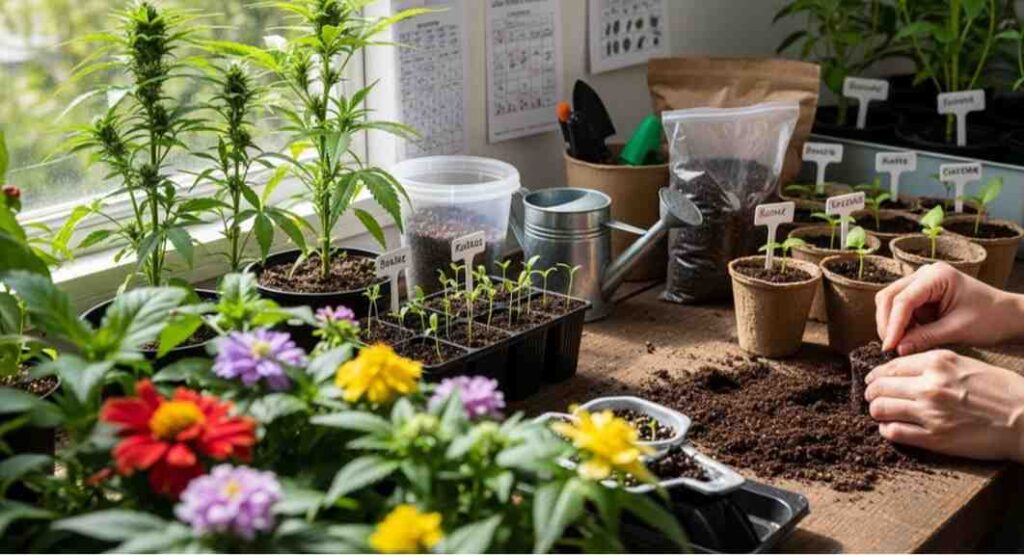 How to Identify a Female Seed – Realistic image showing female seeds and seedlings in a garden, highlighting flowers and buds for increased yield and high-quality harvests.