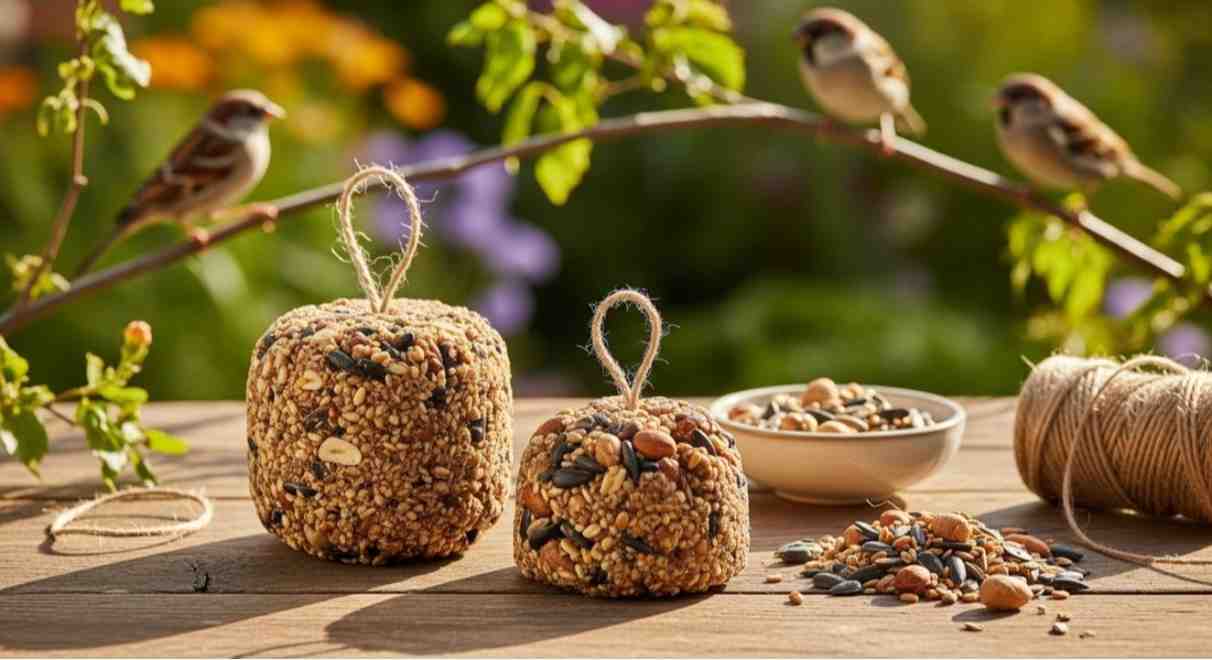Homemade bird seed cakes made with seeds, nuts, and suet, placed on a wooden table outdoors with wild birds nearby.