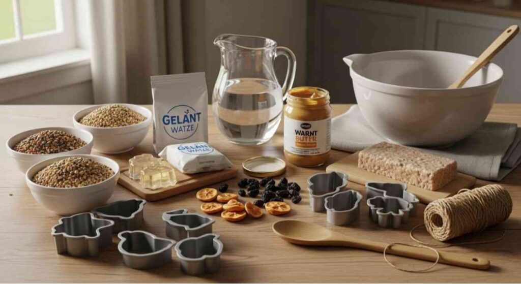 Ingredients and tools for How to Make Bird Seed Cakes, including bird seeds, gelatin, suet, nuts, and molds arranged on a wooden table.
