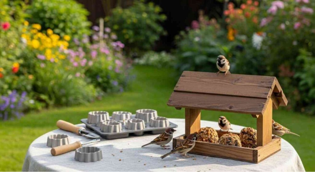 Safe bird feeding setup showing How to Make Bird Seed Cakes correctly, with clean feeders and fresh homemade seed cakes in a garden.