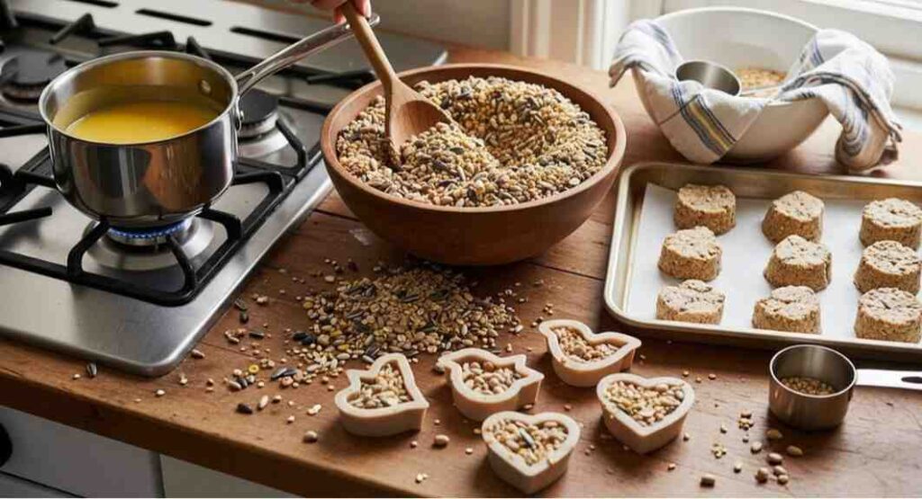 Step-by-step process of How to Make Bird Seed Cakes using suet, showing melted fat mixed with seeds and oats before filling molds to chill.