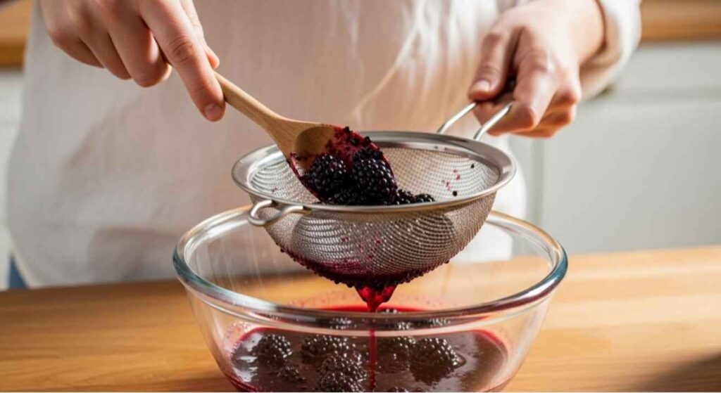 Straining cooked blackberries with a fine mesh strainer to remove seeds for how to make blackberry jam without seeds, showing smooth juice collecting in a bowl.