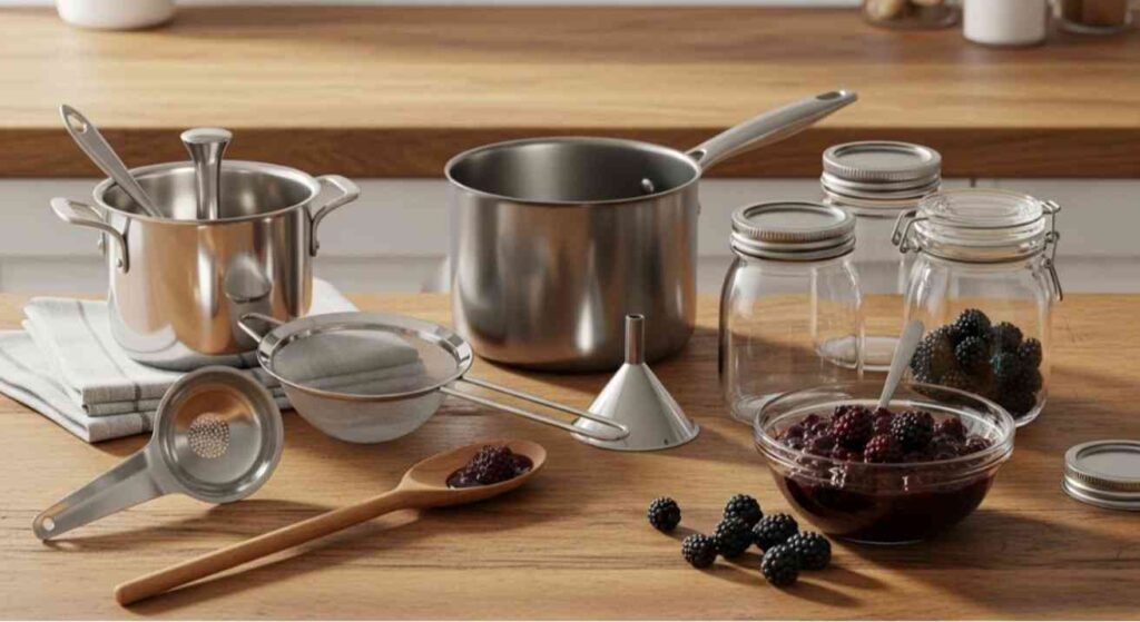Equipment setup for how to make blackberry jam without seeds showing food mill, strainer, saucepan, and canning jars on a kitchen counter.