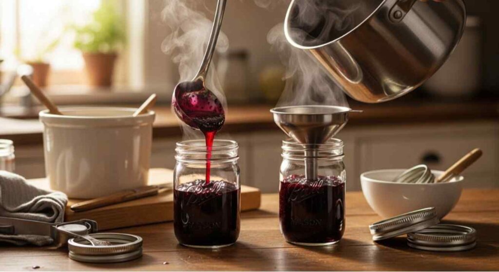 Filling and sealing jars with hot seedless blackberry jam for how to make blackberry jam without seeds, showing ladle, funnel, and sterilized jars on a kitchen counter.