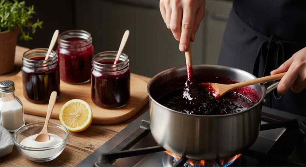 Adjusting jam consistency while stirring on stove for how to make blackberry jam without seeds, showing smooth texture and common troubleshooting fixes.