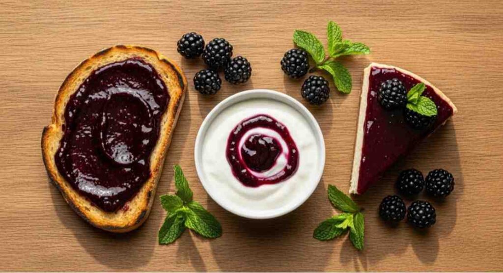 Serving ideas for how to make blackberry jam without seeds showing toast, cheesecake, and yogurt topped with smooth seedless blackberry jam.