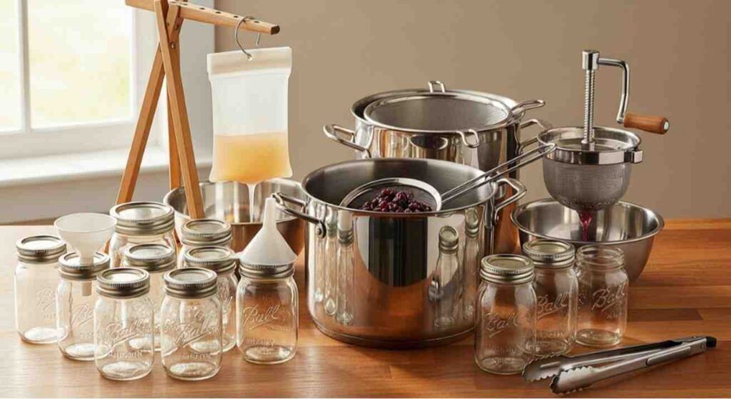 Equipment for how to make grape jelly from grapes with seeds, showing pot, strainer, jelly bag, canning jars, funnel, and tongs arranged on a kitchen counter.