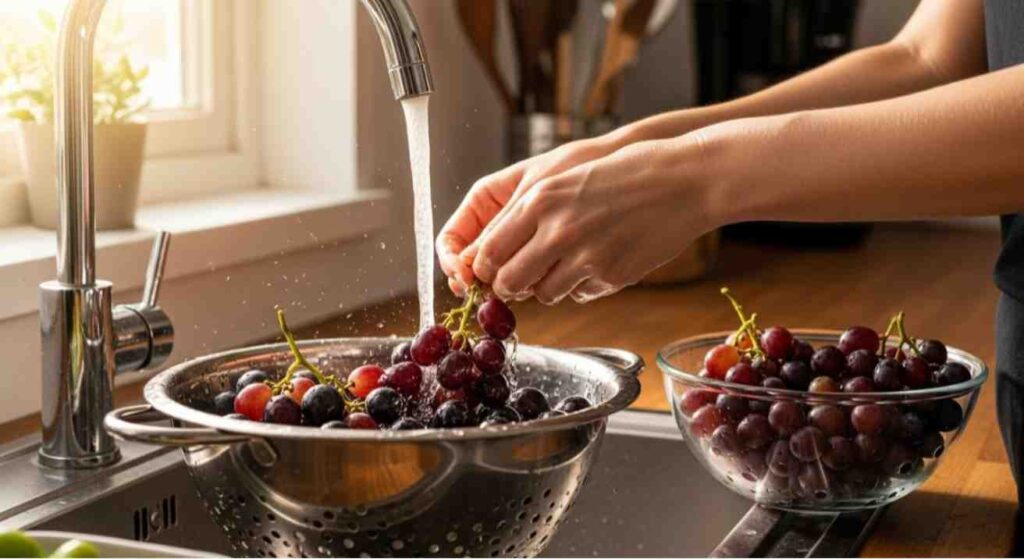 Step showing how to make grape jelly from grapes with seeds, washing fresh seeded grapes in a kitchen sink before cooking.