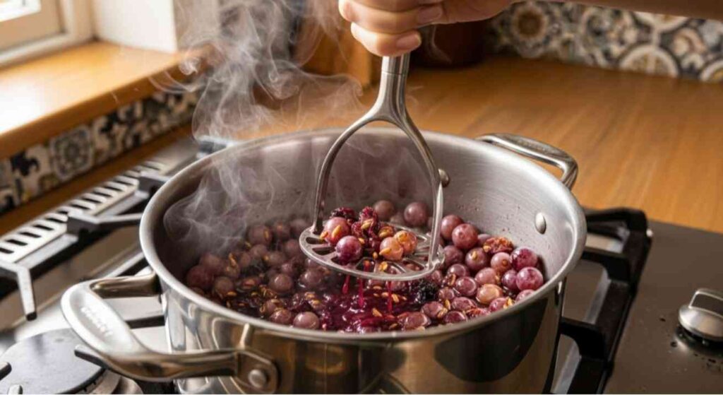 Step showing how to make grape jelly from grapes with seeds, simmering and crushing seeded grapes in a pot to extract juice and natural pectin.