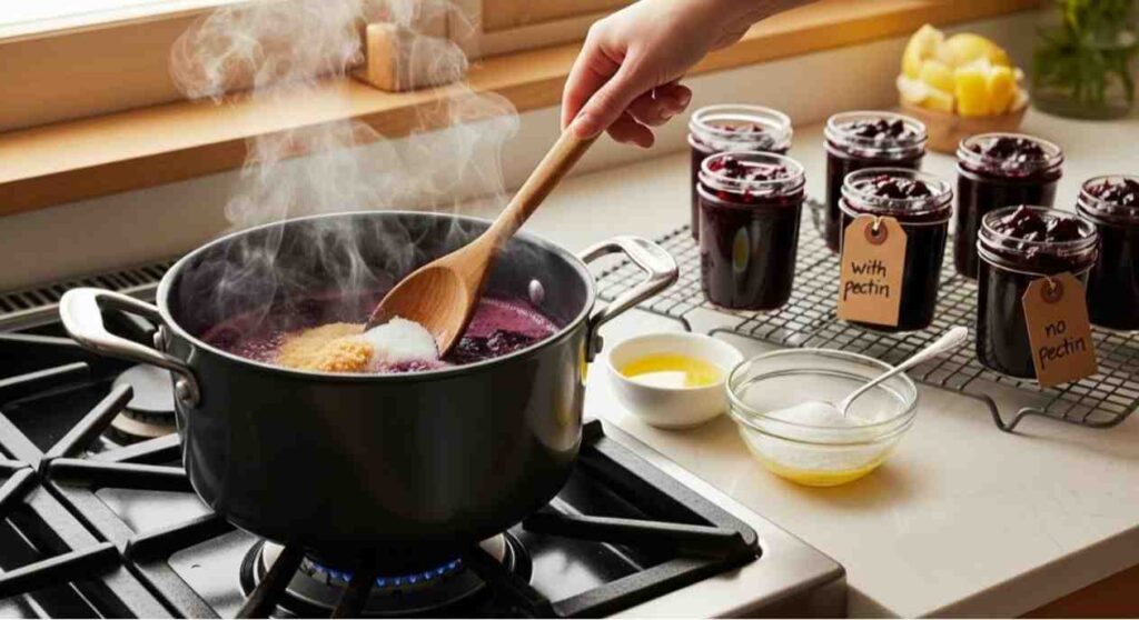 Step showing how to make grape jelly from grapes with seeds, boiling grape juice with sugar and pectin on a stove to create smooth, glossy jelly.