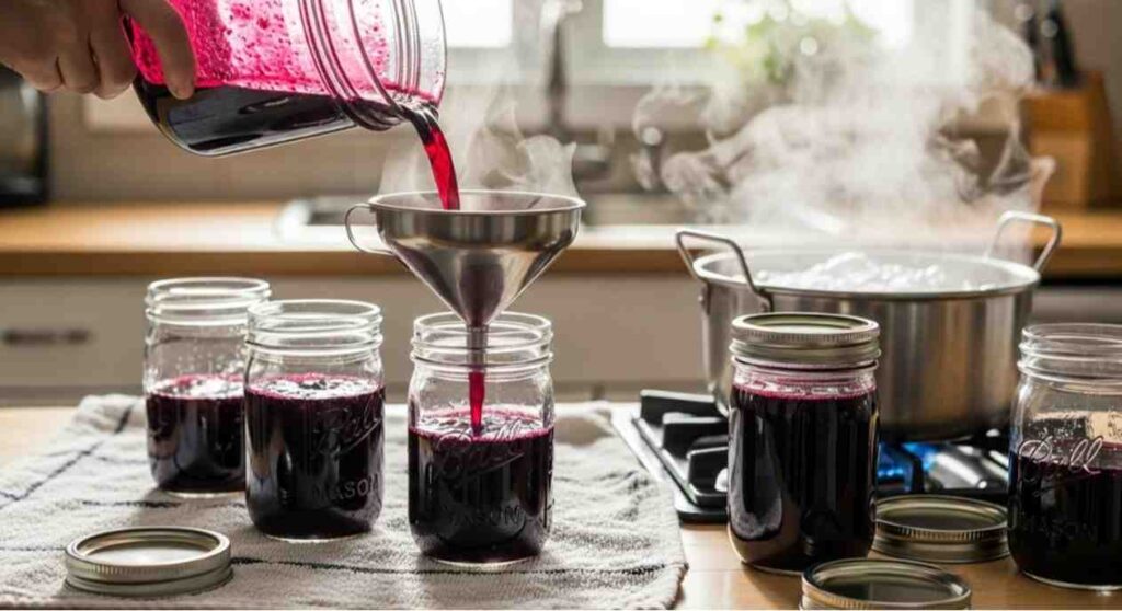 Step showing how to make grape jelly from grapes with seeds, filling and sealing hot jelly into sterilized canning jars before water bath processing.