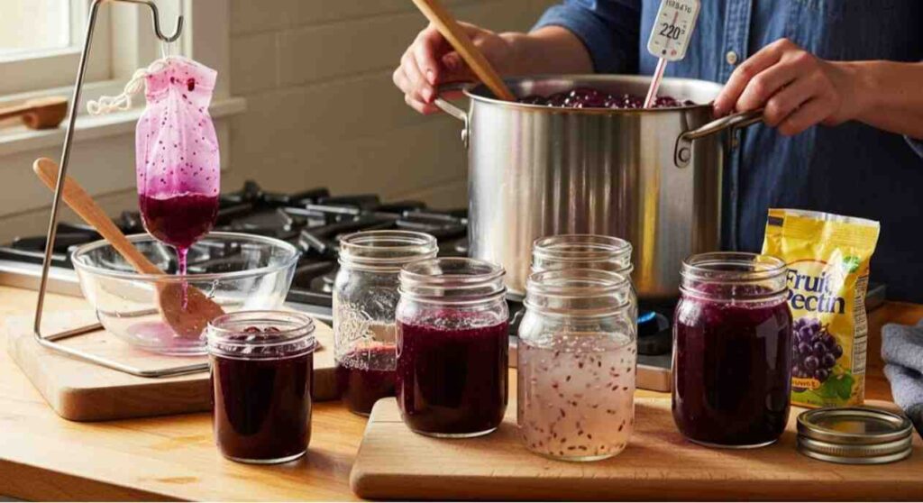 Troubleshooting how to make grape jelly from grapes with seeds showing thin, thick, and cloudy jars with tools for fixing jelly consistency and texture.