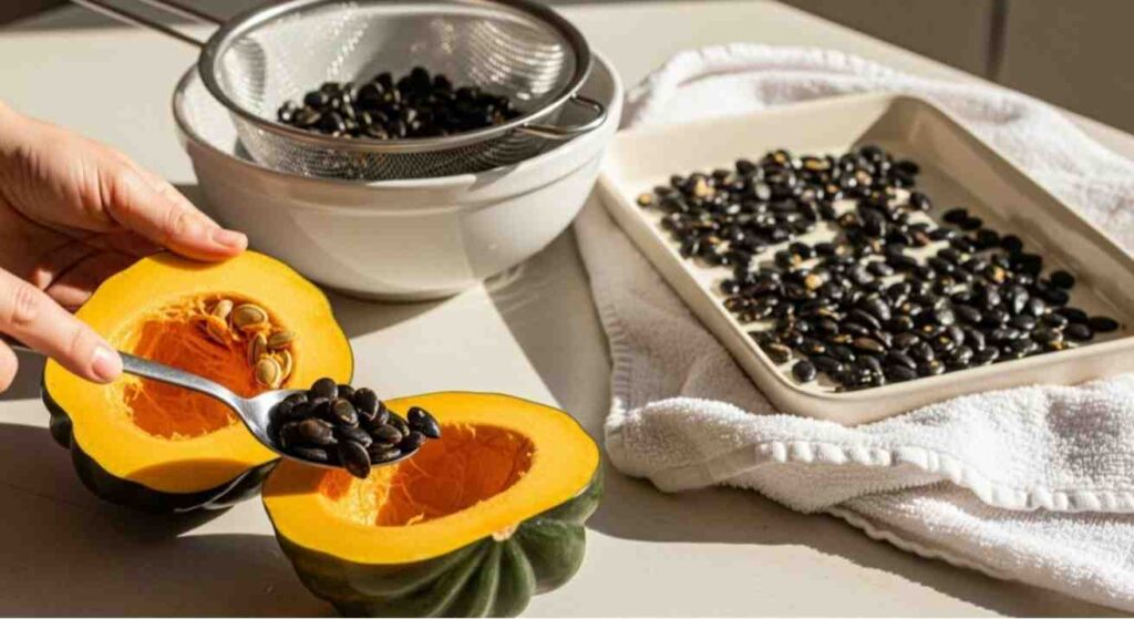 Fresh acorn squash seeds being cleaned and dried before roasting.