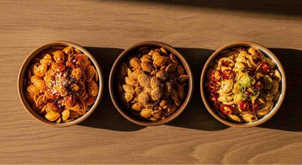 Assorted roasted acorn squash seeds seasoned with sweet, spicy, and savory flavors.