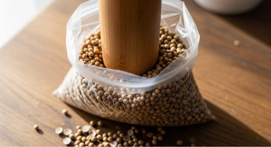 Rolling pin crushing coriander seeds inside a plastic bag showing how to grind coriander seeds without a grinder for coarse homemade powder.