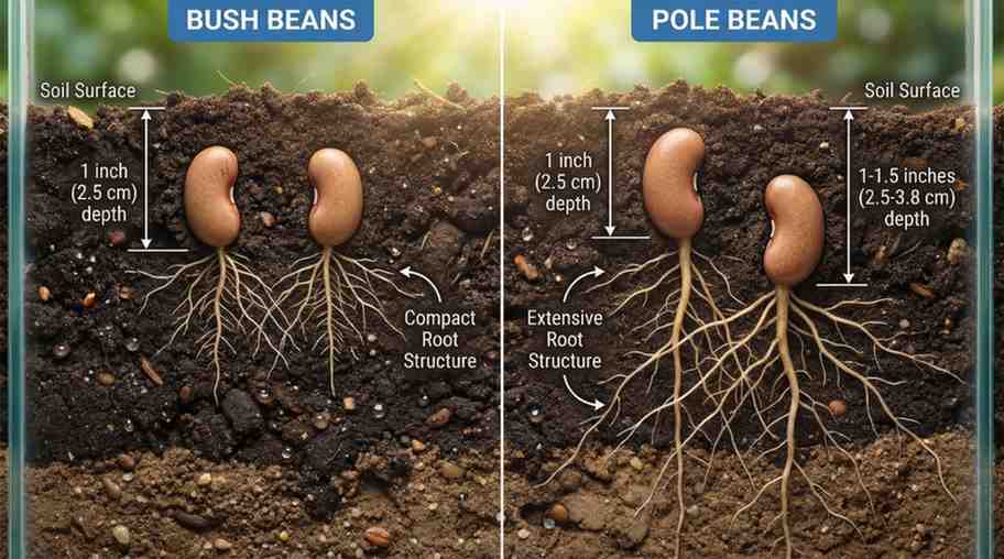 How Deep to Plant Bean Seeds – side view showing bush beans and pole beans planted at their ideal depths with roots in soil.