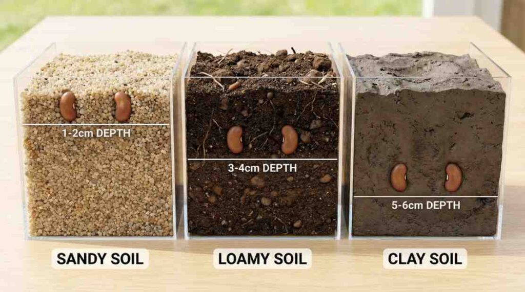 How Deep to Plant Bean Seeds – diagram showing sandy, loamy, and clay soil with bean seeds planted at appropriate depths.