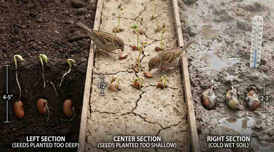 How Deep to Plant Bean Seeds – visual comparison showing common planting depth mistakes including too deep, too shallow, and cold soil conditions.