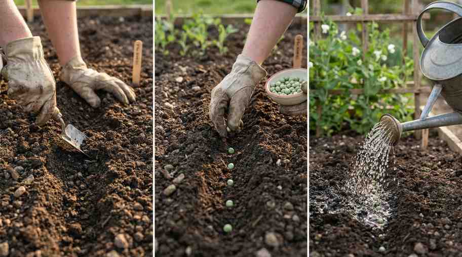 How Deep to Plant Pea Seeds showing correct planting depth, spacing, and watering for healthy pea seed germination.
