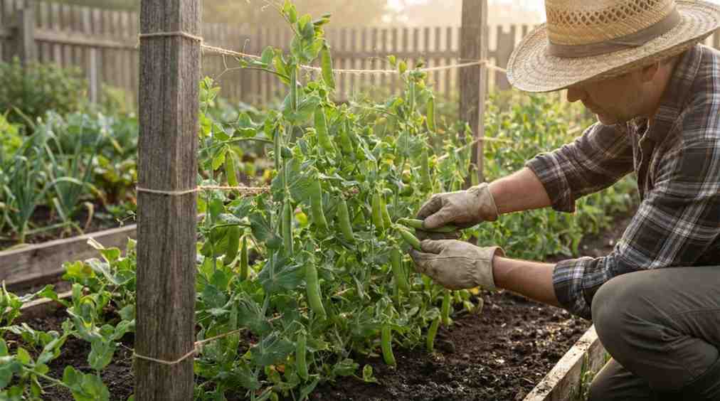 How Deep to Plant Pea Seeds showing healthy pea plants supported on trellis and ready for harvesting in the garden.
