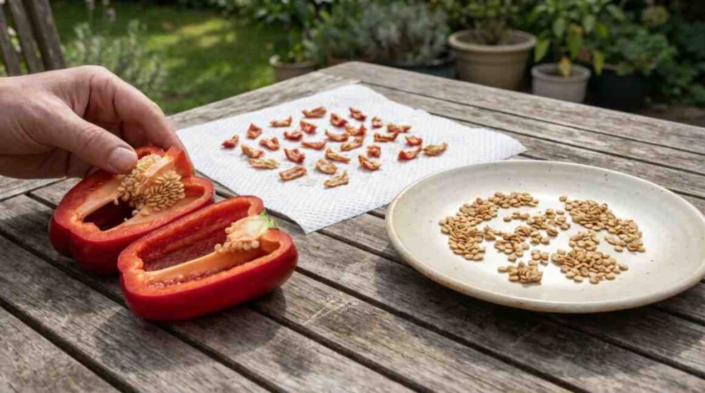 How Long to Dry Pepper Seeds Before Planting shown with pepper seeds air-drying and paper towel drying methods before storage.
